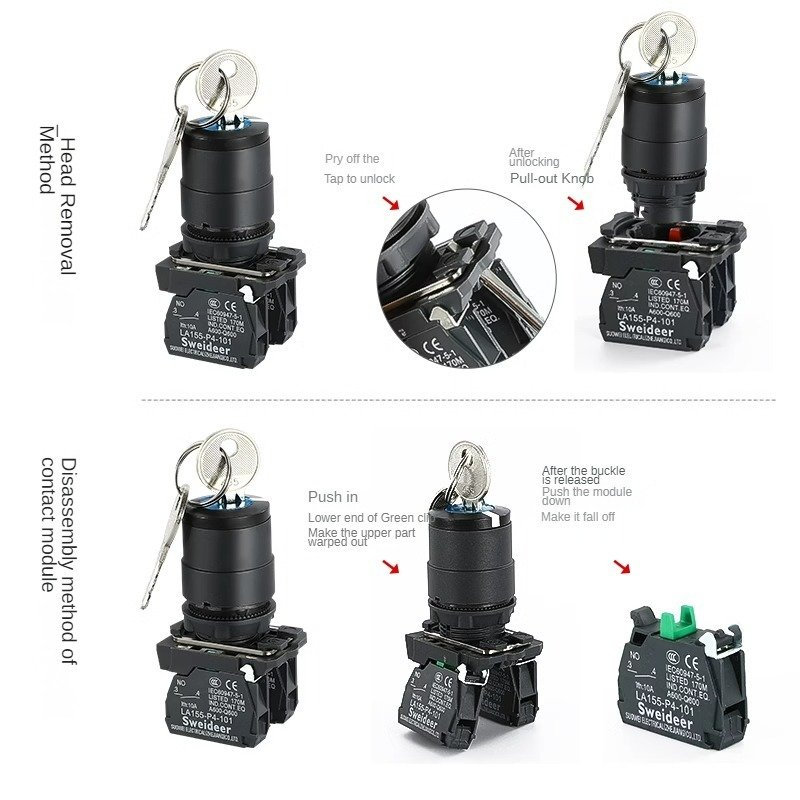 22mm Emergency Stop Switch With Key 2 Position 3position Selector Self-return Panel Switches 1NO 1NO1NC 2NO