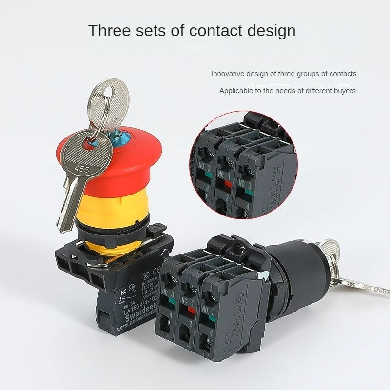 22mm Emergency Stop Switch With Key 2 Position 3position Selector Self-return Panel Switches 1NO 1NO1NC 2NO