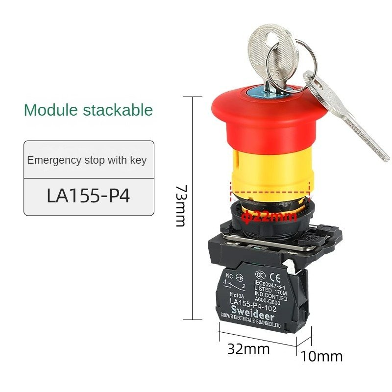 22mm Emergency Stop Switch With Key 2 Position 3position Selector Self-return Panel Switches 1NO 1NO1NC 2NO