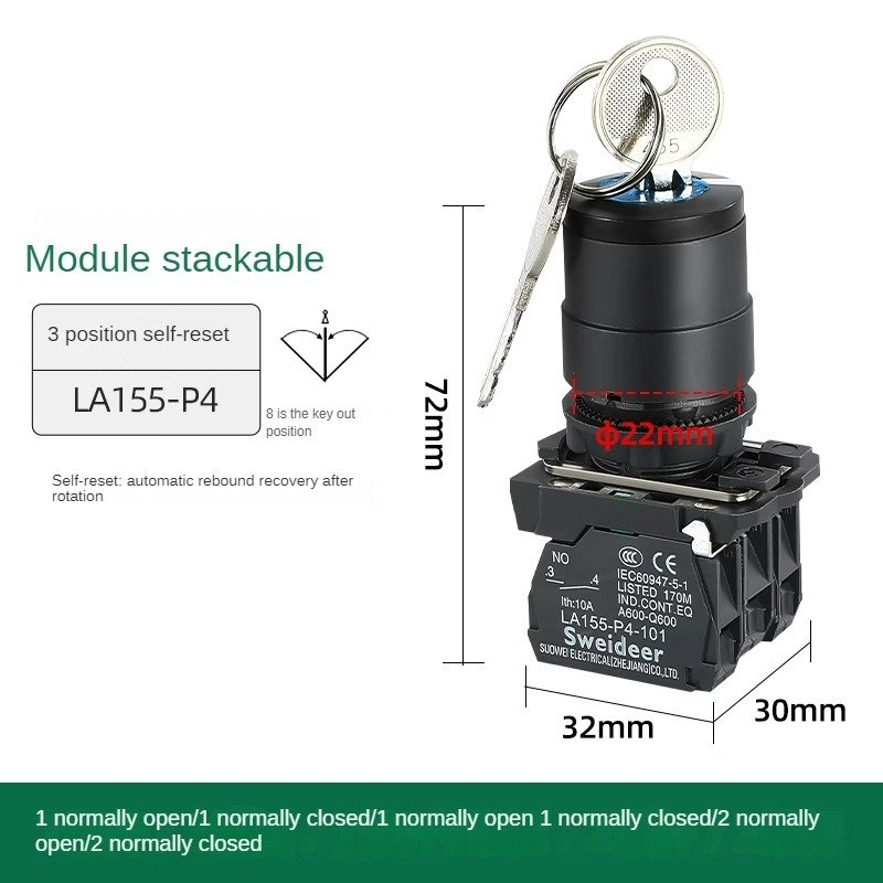22mm Emergency Stop Switch With Key 2 Position 3position Selector Self-return Panel Switches 1NO 1NO1NC 2NO