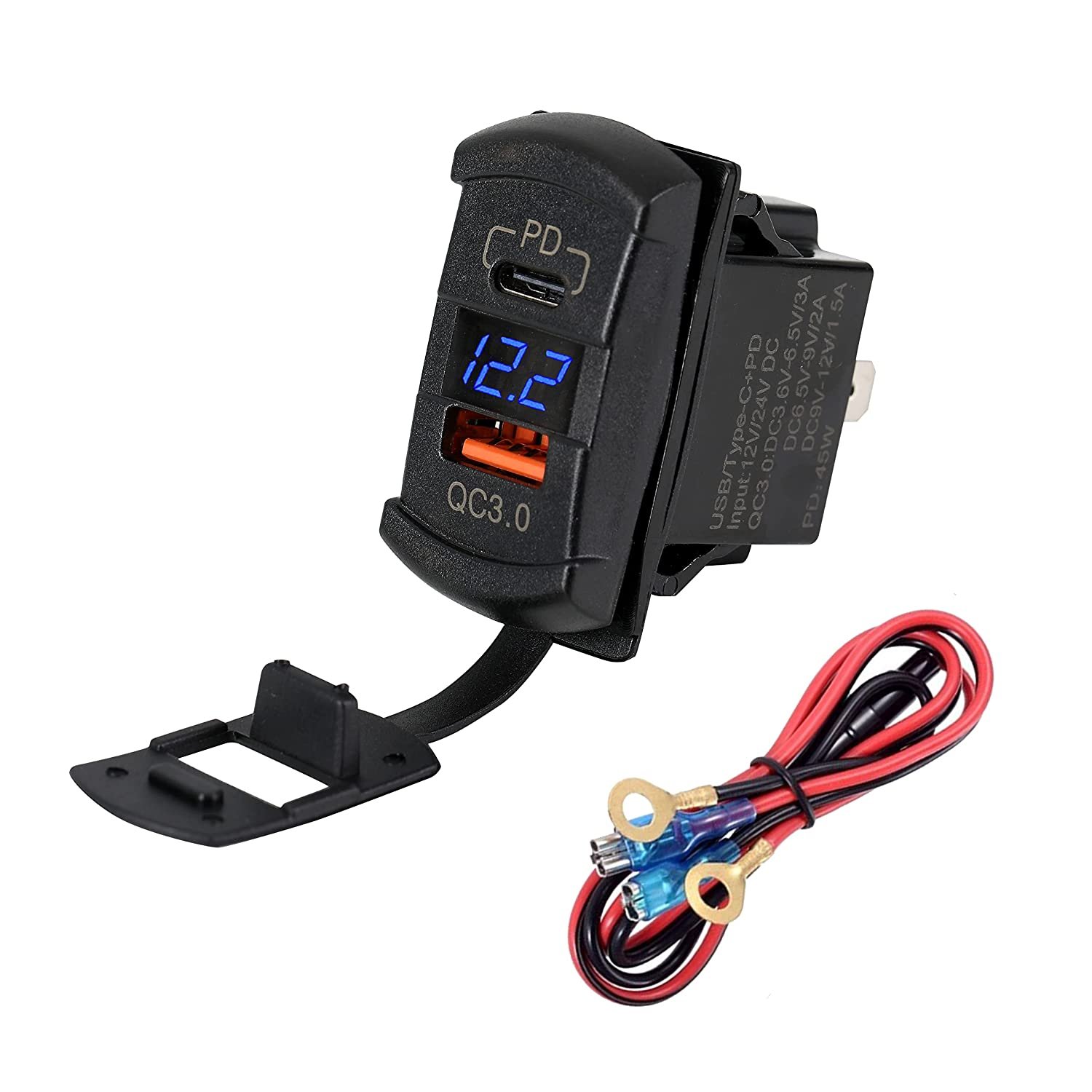 QC 3.0 USB & Type C Rocker Switch Style Charger Blue Voltmeter for Boats, Polaris, RZR 1000, Ranger, Mobile Home, RV, Can Am Spy