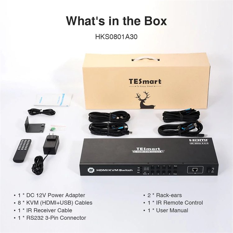 TESmart 8 Port KVM Switch HDMI With Remote USB 4K 30HZ RS232 LAN Port for Server Room 8X1 Video KVM Switches