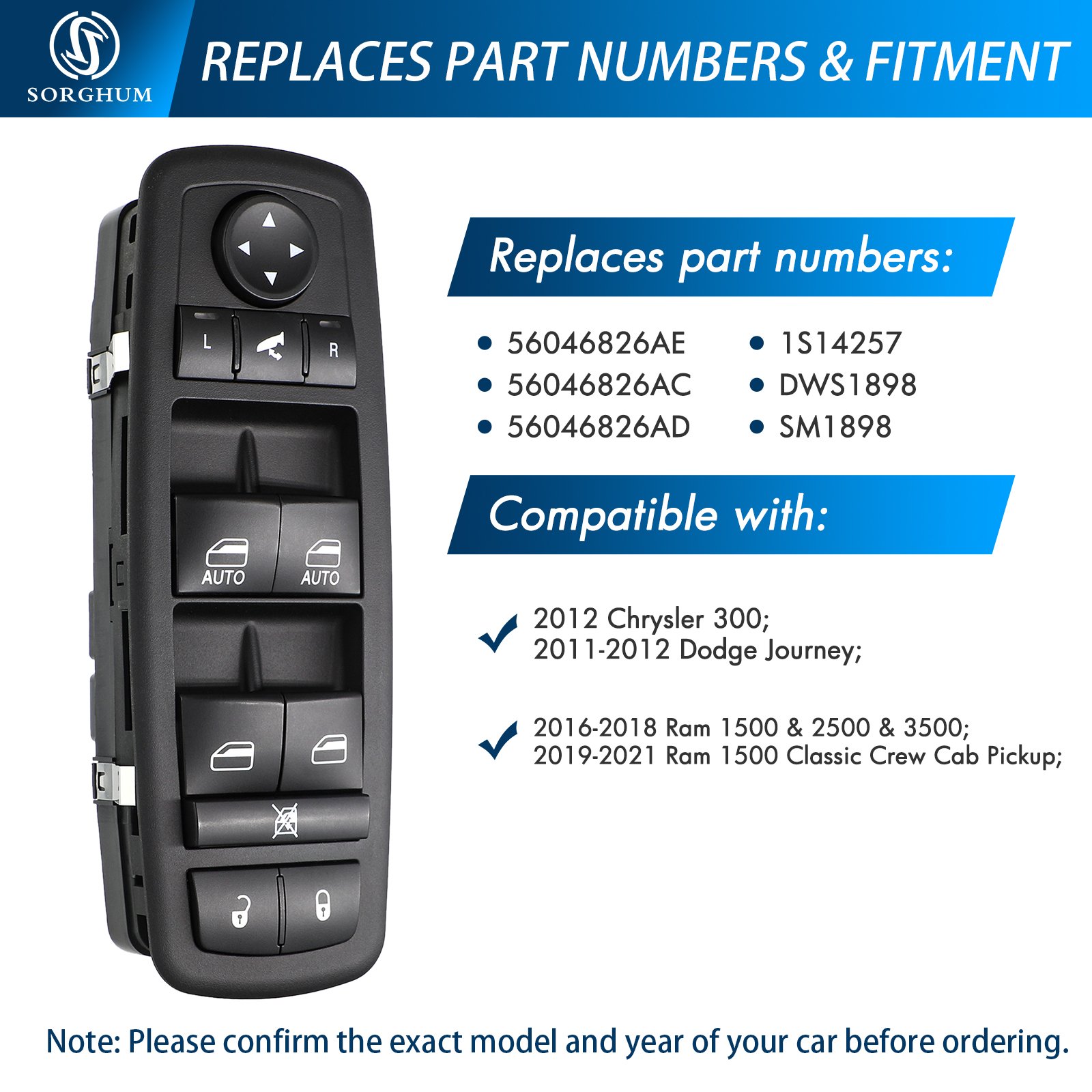 56046826AE Front Left Master Power Window Control Switch for Ram 1500 2500 2016-2018 2022 Chrysler