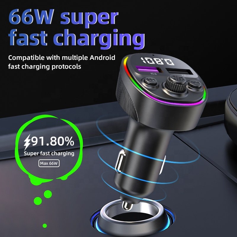 Blue-tooth FM Transmitter Car Charger Handsfree FM Modulator Wireless Transmitter with USB Car Charger 66W Fast Charge