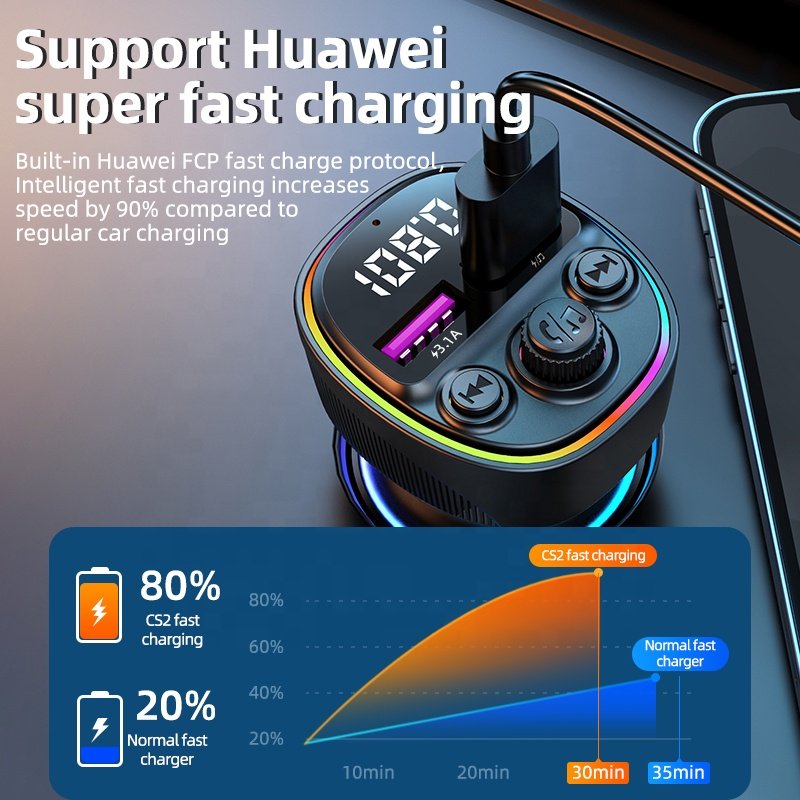 Blue-tooth FM Transmitter Car Charger Handsfree FM Modulator Wireless Transmitter with USB Car Charger 66W Fast Charge