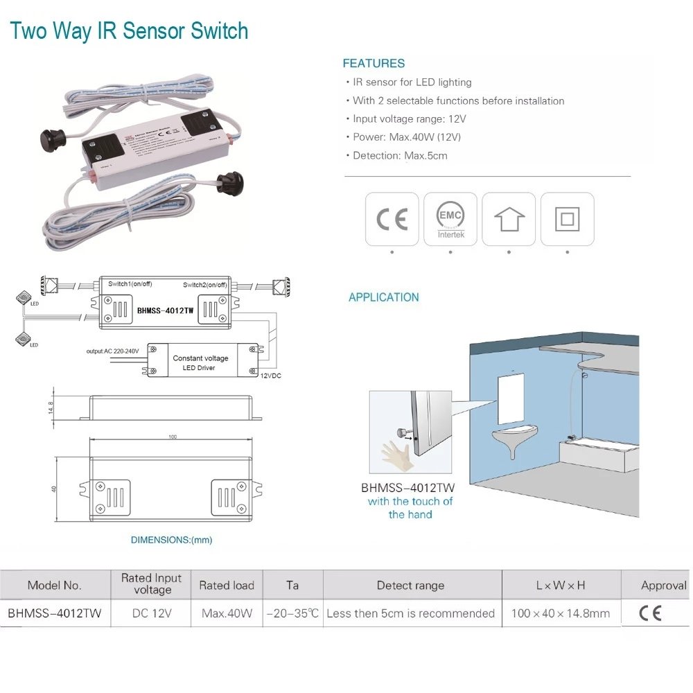 HoneyFly Patented IR Sensor Switch 40W DC 12V Two-lights Controller Infrared Cabinet Switch Hand Wave Switch for LED Lights CE