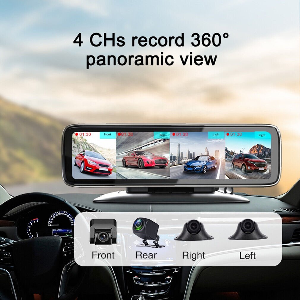 IPoster New Popular 12in Car Dash Cam Camera DVR IPS Mirror 360 Degree View with 4 Cameras Recording DVR Video Recorder Dashcam