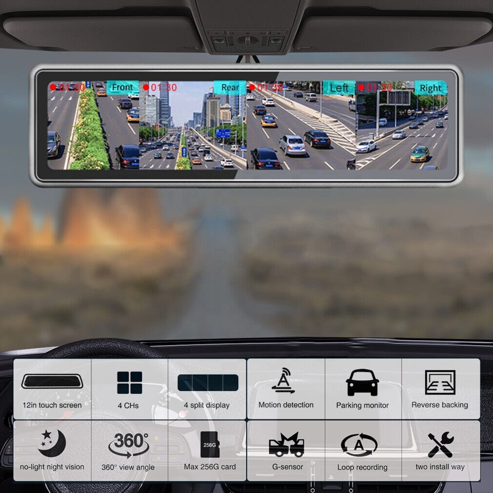 IPoster New Popular 12in Car Dash Cam Camera DVR IPS Mirror 360 Degree View with 4 Cameras Recording DVR Video Recorder Dashcam