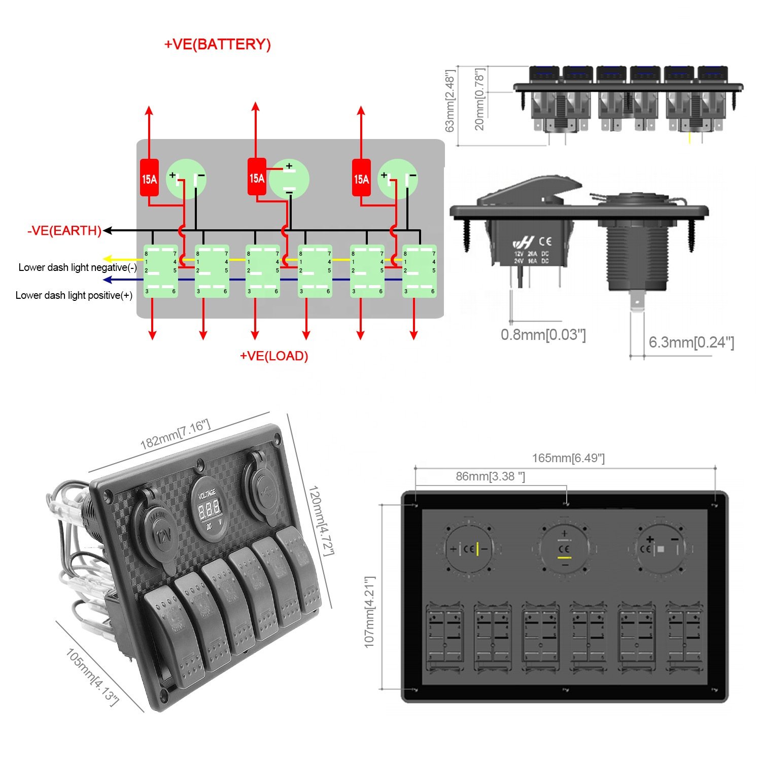 Led Display Dual Usb Charger 12v Car 6 Gang Switch Panel For Marine