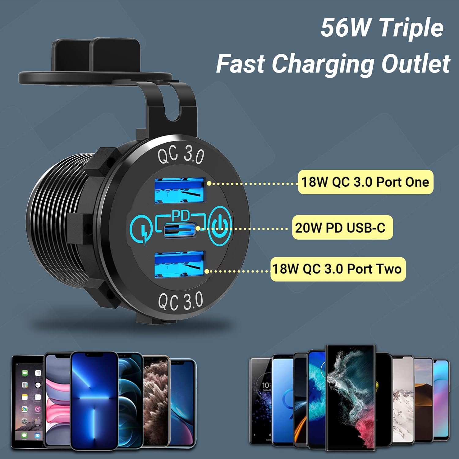 56W Aluminum Metal 12V/24V Multiple USB Outlet PD 20W USB-C and Dual QC3.0 USB Socket with Power Switch for Car RV Boat Marine