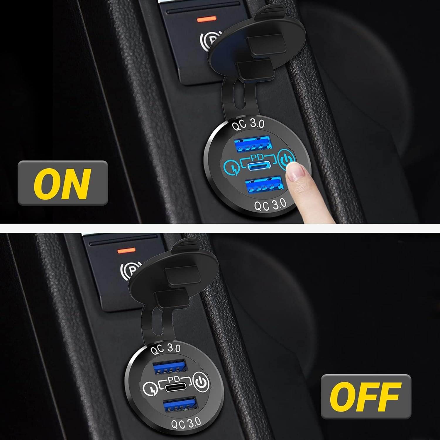 56W Aluminum Metal 12V/24V Multiple USB Outlet PD 20W USB-C and Dual QC3.0 USB Socket with Power Switch for Car RV Boat Marine