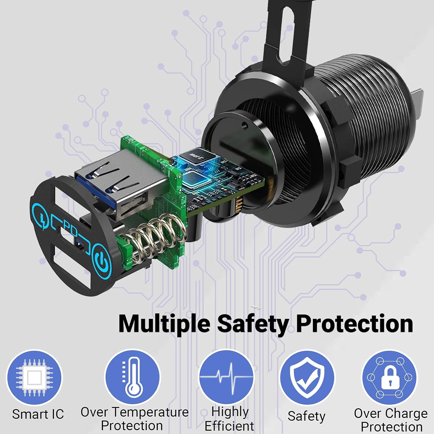 56W Aluminum Metal 12V/24V Multiple USB Outlet PD 20W USB-C and Dual QC3.0 USB Socket with Power Switch for Car RV Boat Marine