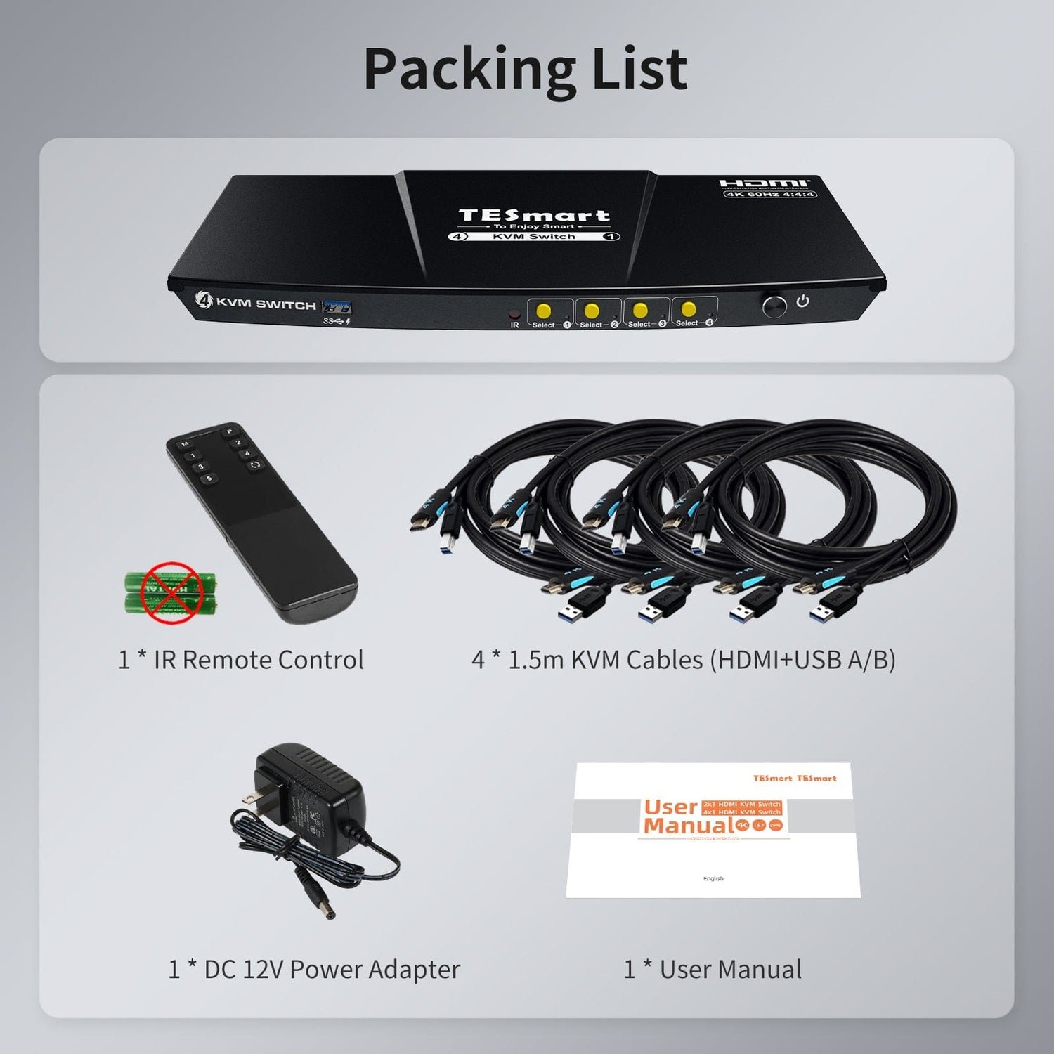 TESmart 4 Port KVM Switch Kit HDMI 4K60Hz With USB 3.0 Docking Station, 4 PCs 1 Monitor Mic L/R Output KVM Switches