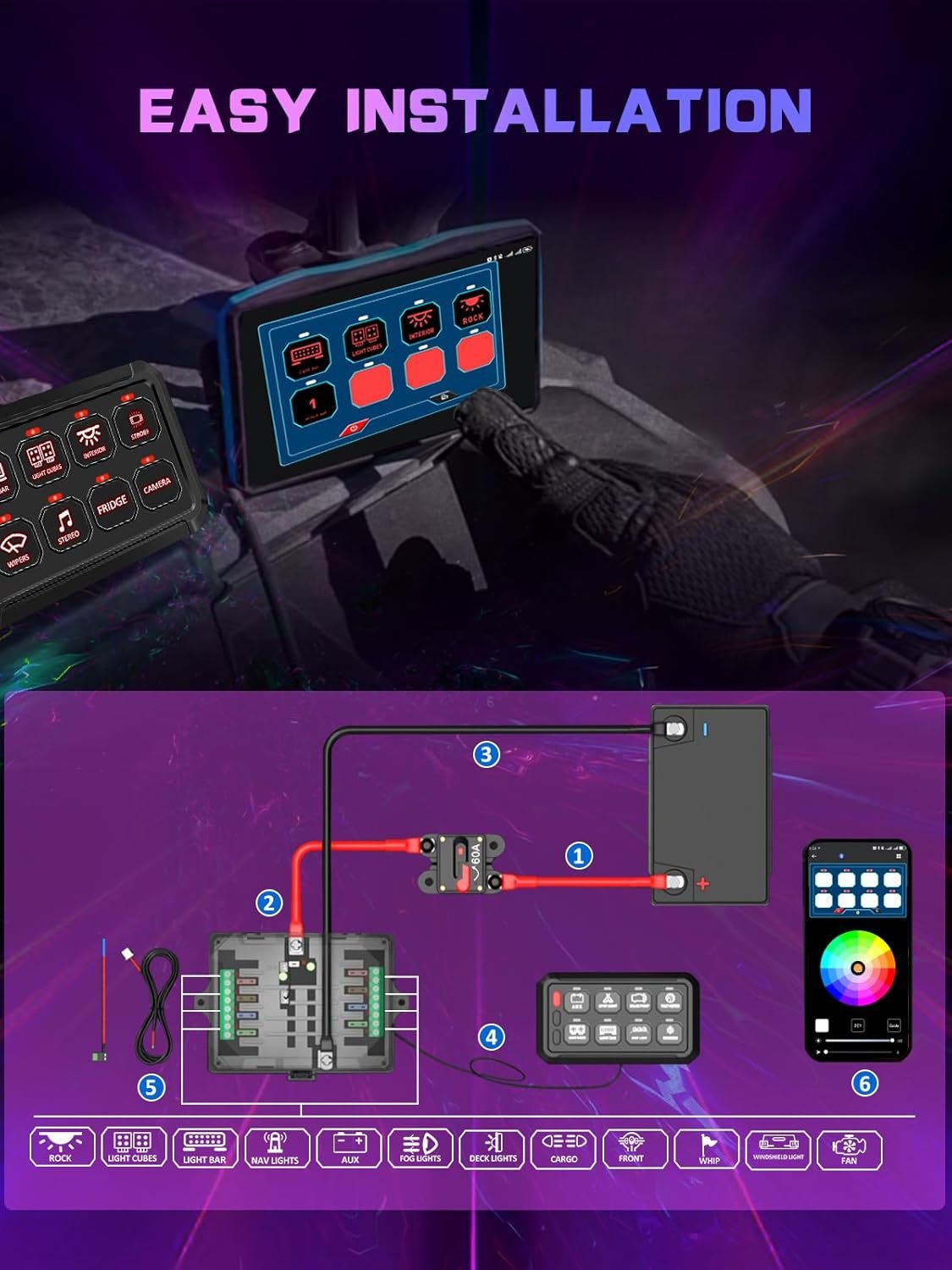 8 Gang Switch Panel APP Control P1 Multifunction Waterproof Switch Compatible with Truck RV Offroad Marine Tacoma Jeep