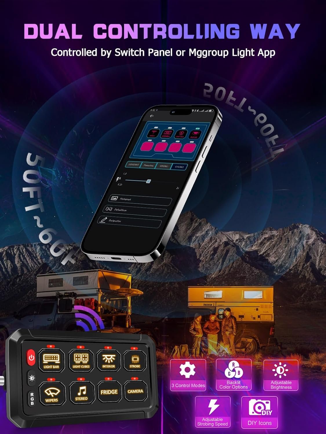 8 Gang Switch Panel APP Control P1 Multifunction Waterproof Switch Compatible with Truck RV Offroad Marine Tacoma Jeep