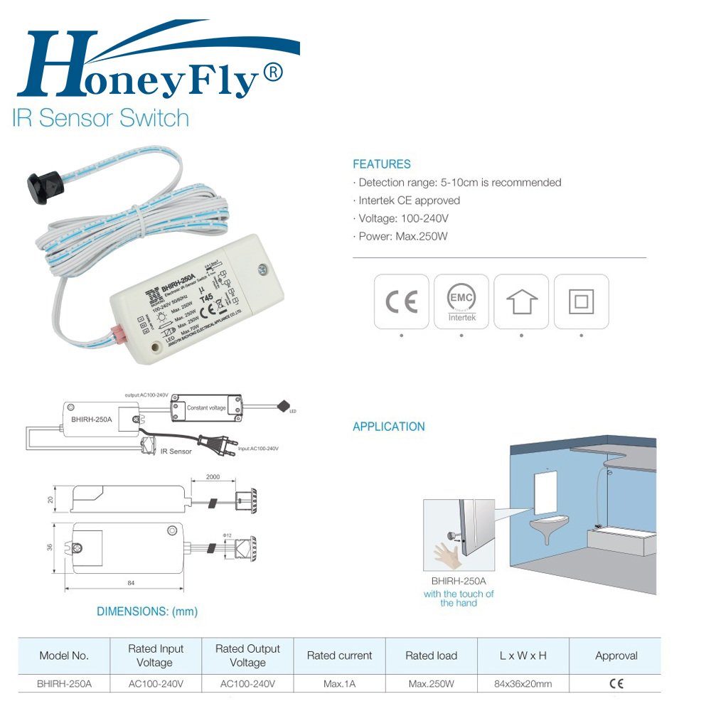 HoneyFly Patented IR Sensor Switch BHIRH-250A 250W 100-240V (Max.70W for LEDs) Motion Sensor Switch Auto On/off 5-10CM CE