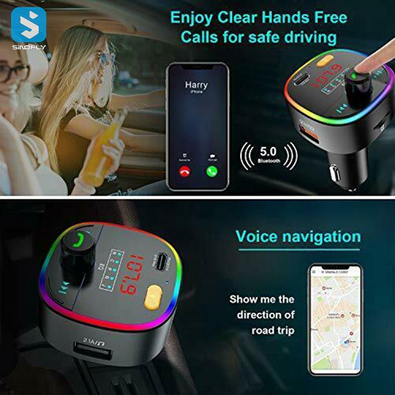 Car Wireless Bt 5.0 FM Transmitter Handsfree Car Kit MP3 Player with QC3.0 USB Charger for Phone