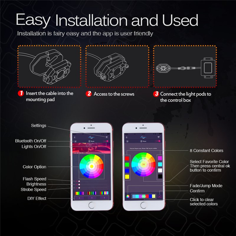 Ruitaisen 4 Pods RGB LED Rock Lights With App Controller Remote Colorful Neon LED Lights Kit for Music Mode Flashing