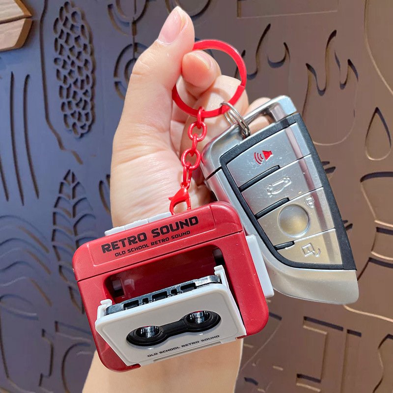 Recordable Tape Recorder Pendant Red Mini Retro Recording Fun Couple Music Gift Keychain Ornament Book Recording