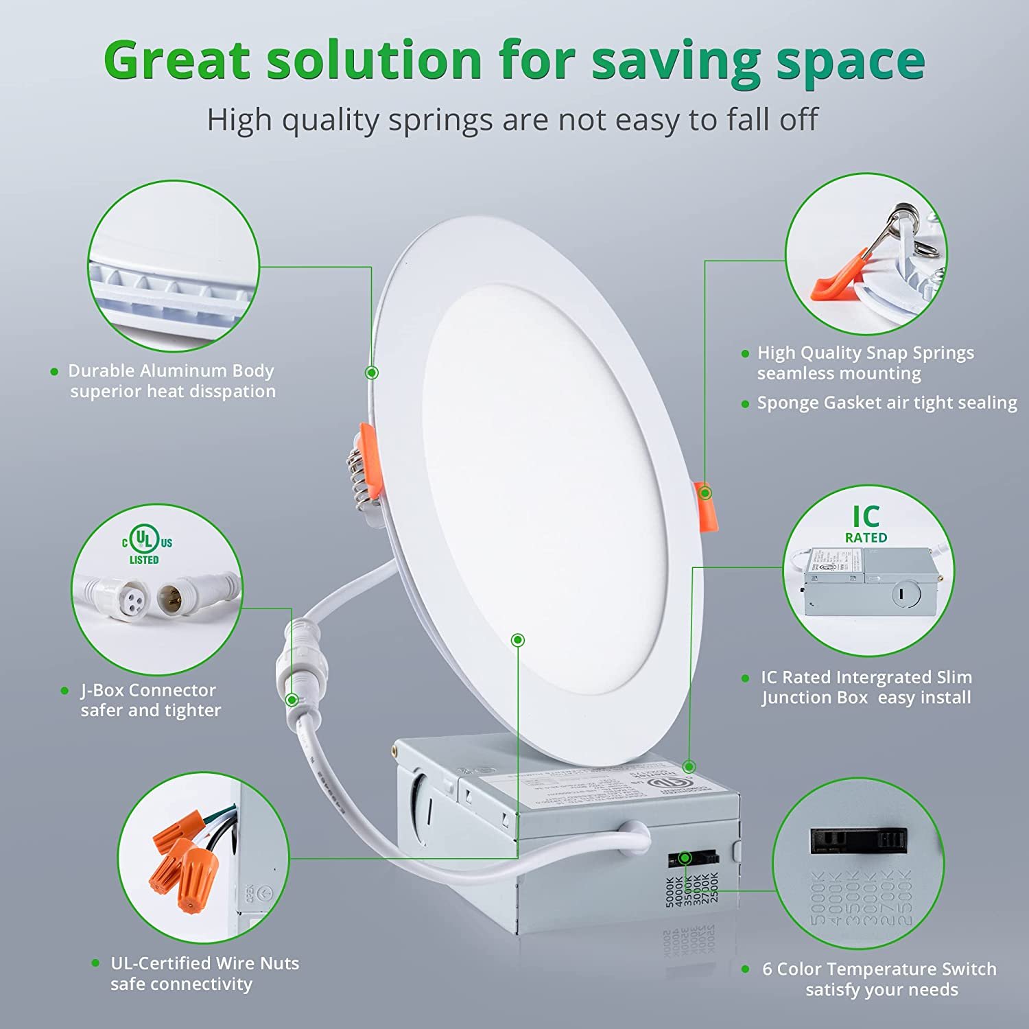 Banqcn ETL Certified Led Recessed Down Ceiling Light with Junction Box, 2700K-6500K 9w 12w 6inch 5inch 4inch IC Rated