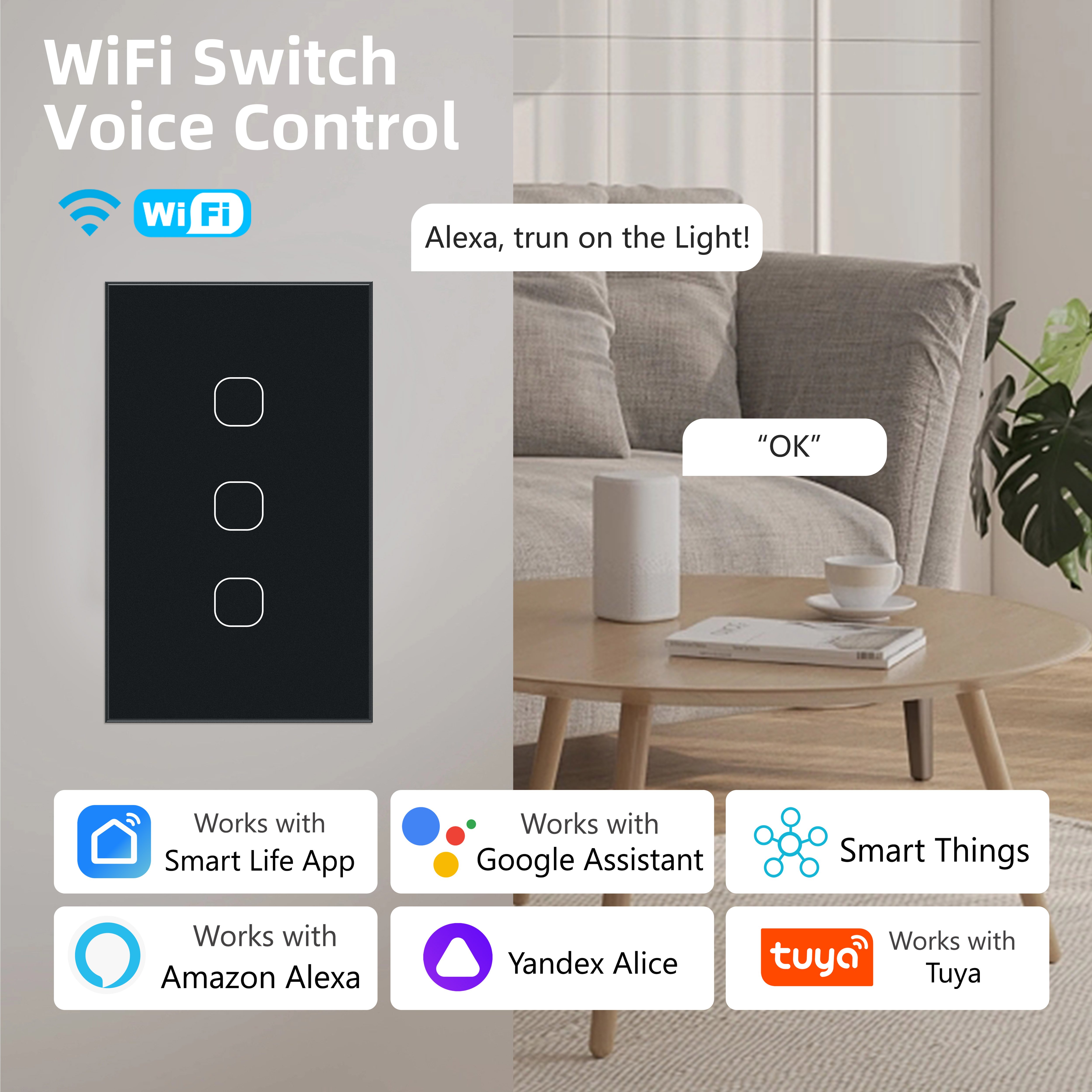 CNSKOU New Design Products Tuya Smart Wifi Wall Switch Us Standard Glass Touch Panel Light Switch Support App Remote Control