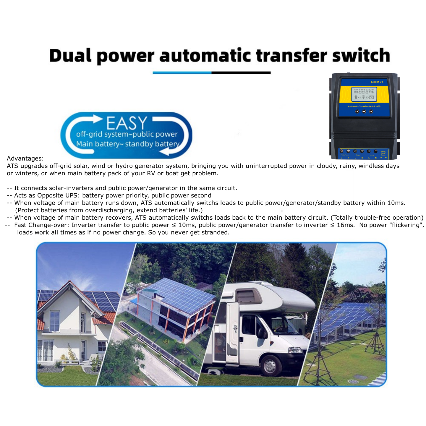 MOES Generator Ats Controller Automatic Power Dual Power Transfer Switch for 2pcs Batteries Energy Saving and Money Saving
