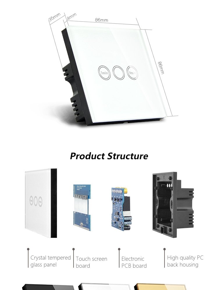 Makegood 220V Auto Delay off Control Light Timer Switch Switch with Auto off Function and Touch Sense Glass Panel