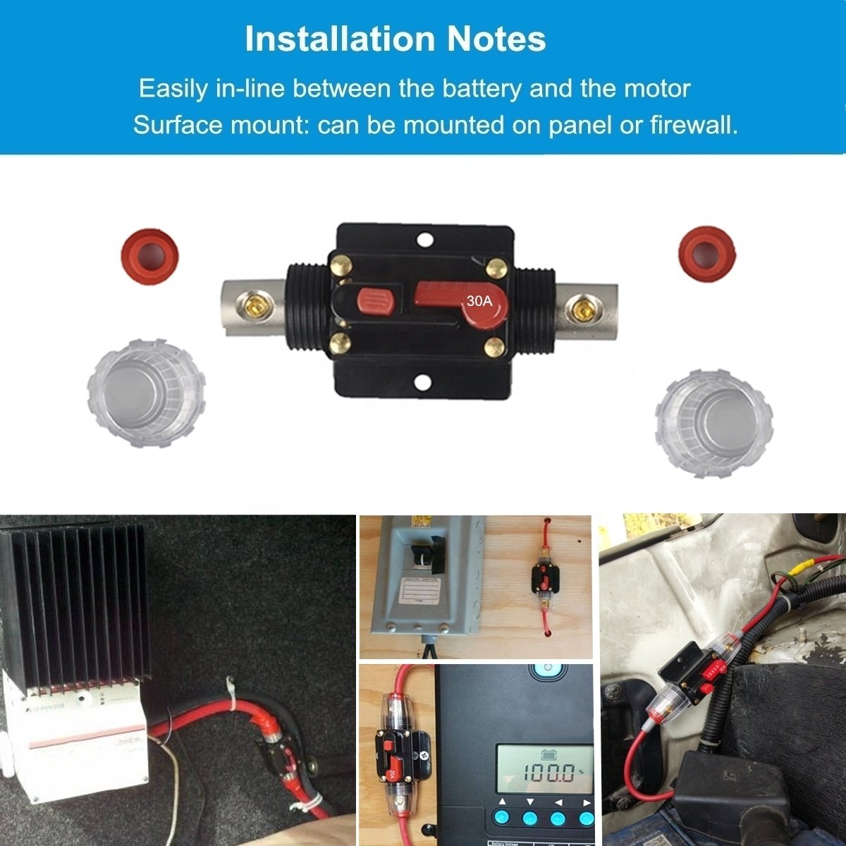 30A 12V -48V DC Circuit Breaker with Manual Reset Fuse Holder Switch Inverter for Car Audio Marine Boat Stereo Switch 20A-100A