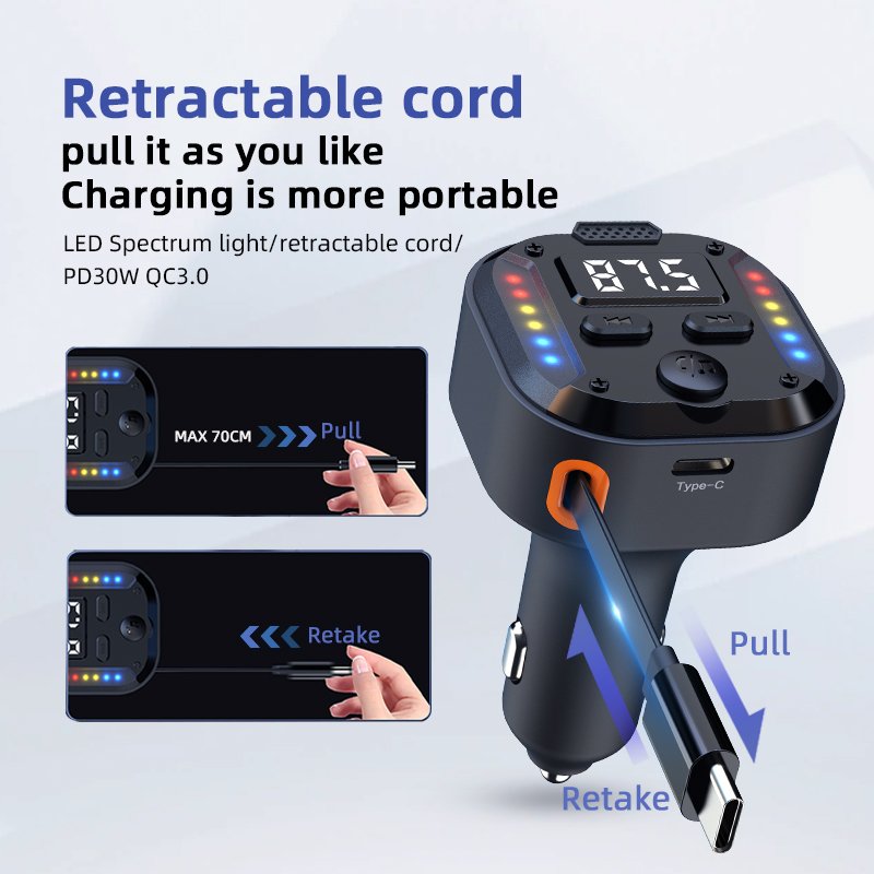 C69 Car Charger PD30W QC3.0 Bluetooth FM Transmitter Retractable Charging Cable Hands-Free Function Phone Charger Combination