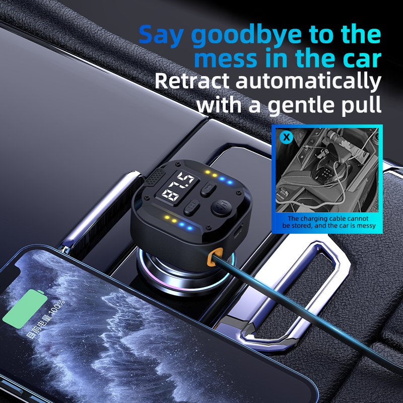 C69 Car Charger PD30W QC3.0 Bluetooth FM Transmitter Retractable Charging Cable Hands-Free Function Phone Charger Combination