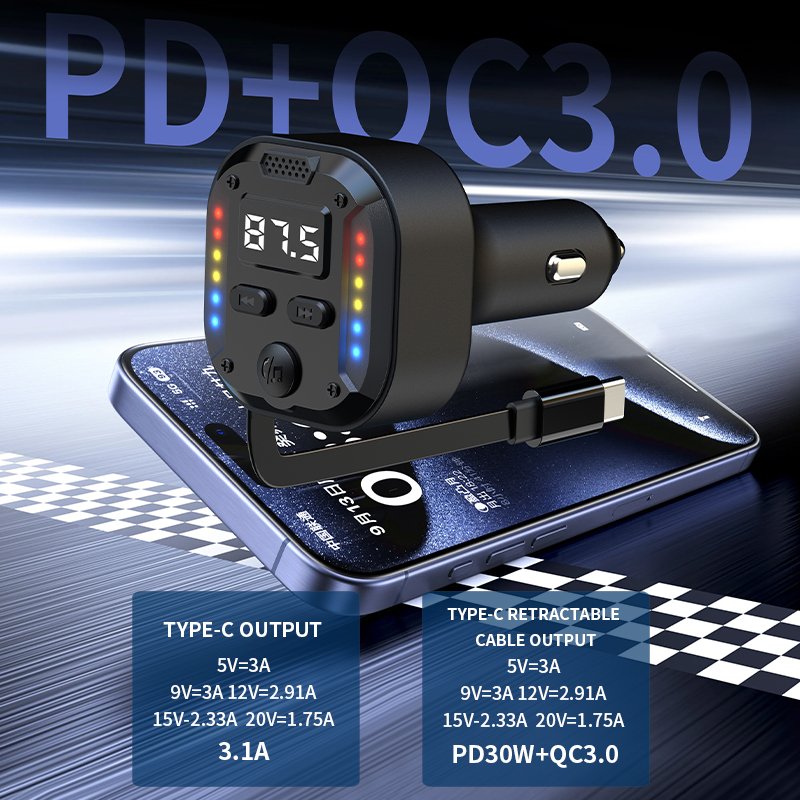 C69 Car Charger PD30W QC3.0 Bluetooth FM Transmitter Retractable Charging Cable Hands-Free Function Phone Charger Combination