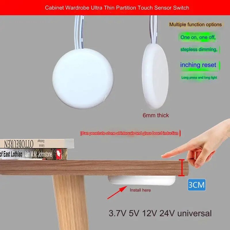 DC 12V 24V Wooden Board LED Touch Sensor Dimmer Switch Hidden Surface Switch for Smart Home LED Strip Lights