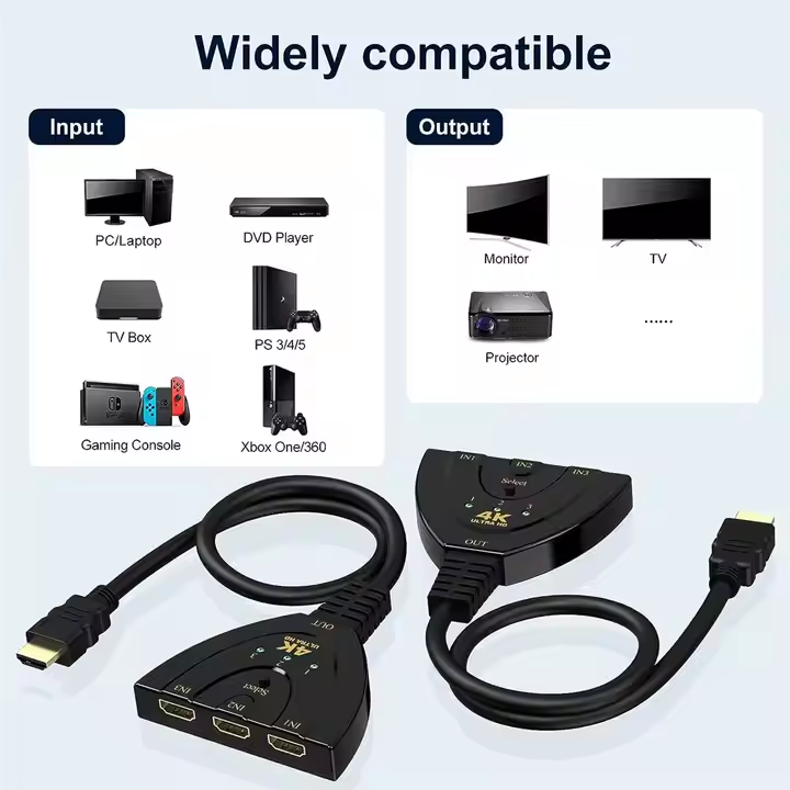 4K@30HZ HD Multimedia Switch 1080P 3D Multimedia Switch Selector 3 in 1 Out Auto Converter Cable for DVD HDTV Xbox PS3 PS4 PS5