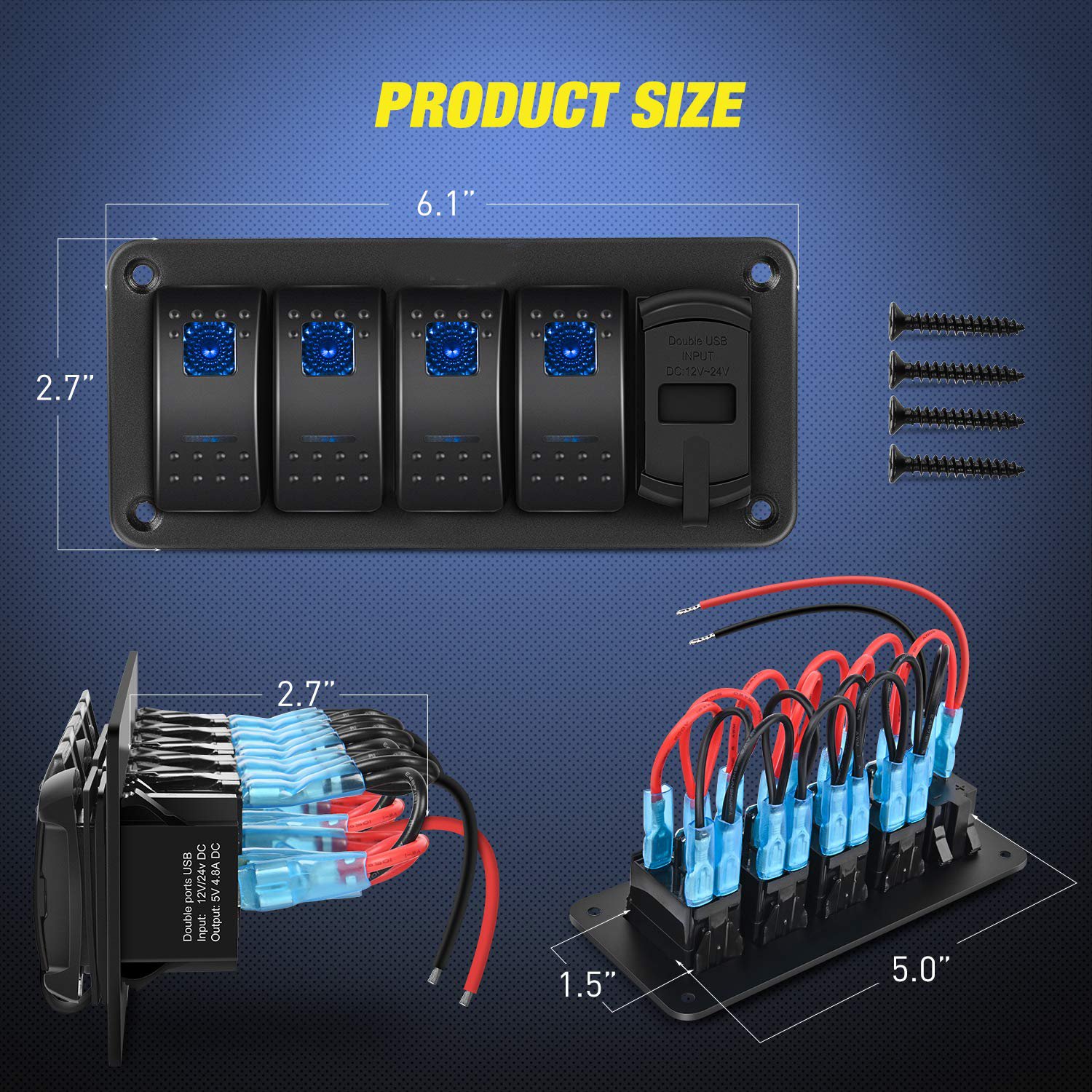 4 Gang Rocker Switch Panel with 4.8 Amp Dual USB Charger Voltmeter Waterproof 12V 24V DC Rocker Switch for Car Trucks Boats RVs