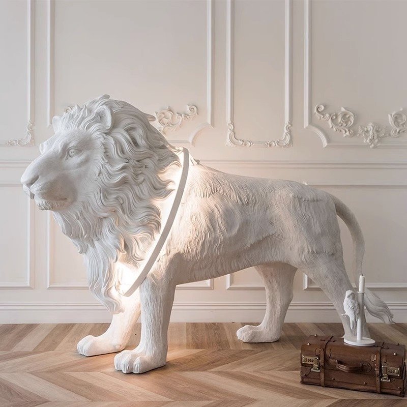 White Color Luxury Art Design Hall Decorative Landscape Sculpture lion Lamps Animal Giraffe Life Size Big Floor Lamp