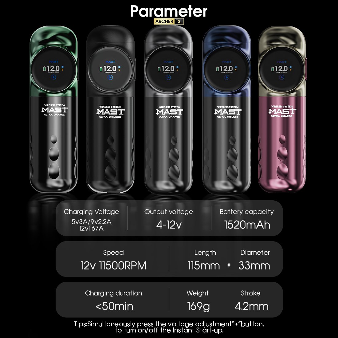 Mast Archer S Bluetooth Wireless Rotary Tattoo Car Machine Kit 1520mAh Battery Pen with Foot Pedal