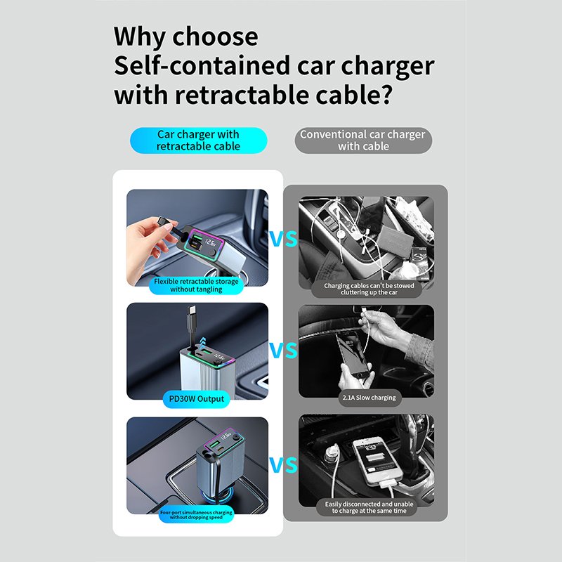 New Arrivals Colorful LED Light Quick Car Charger Adapter Retractable Wire PD30W Type C Car Charger
