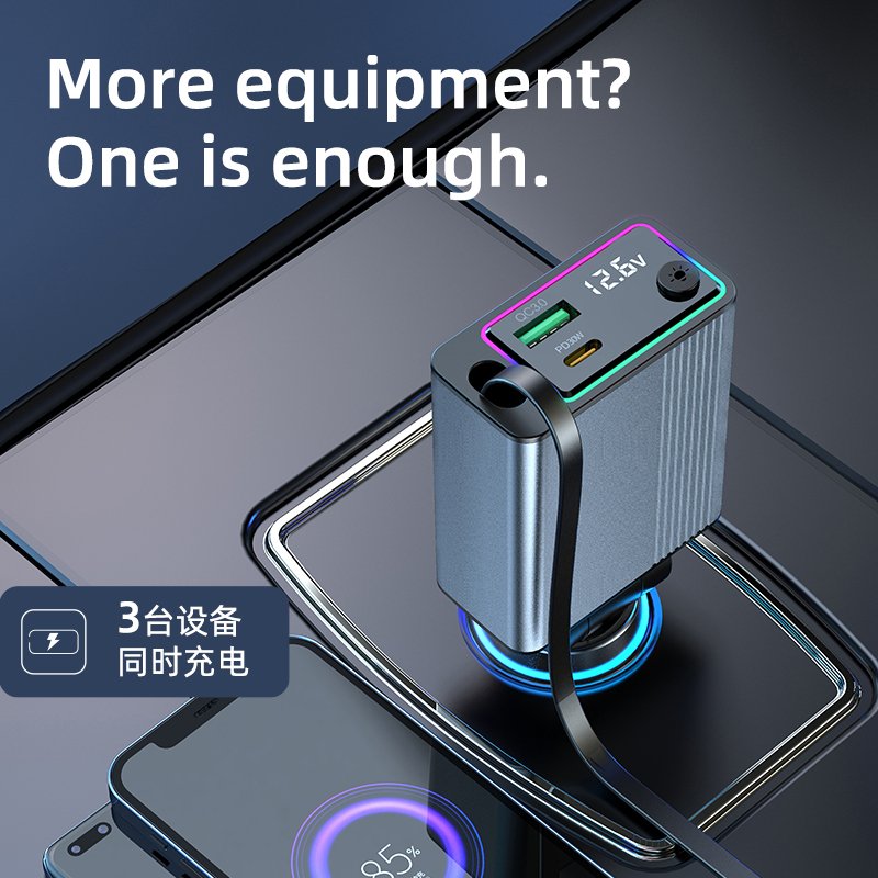 New Arrivals Colorful LED Light Quick Car Charger Adapter Retractable Wire PD30W Type C Car Charger