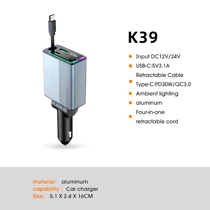 New Arrivals Colorful LED Light Quick Car Charger Adapter Retractable Wire PD30W Type C Car Charger