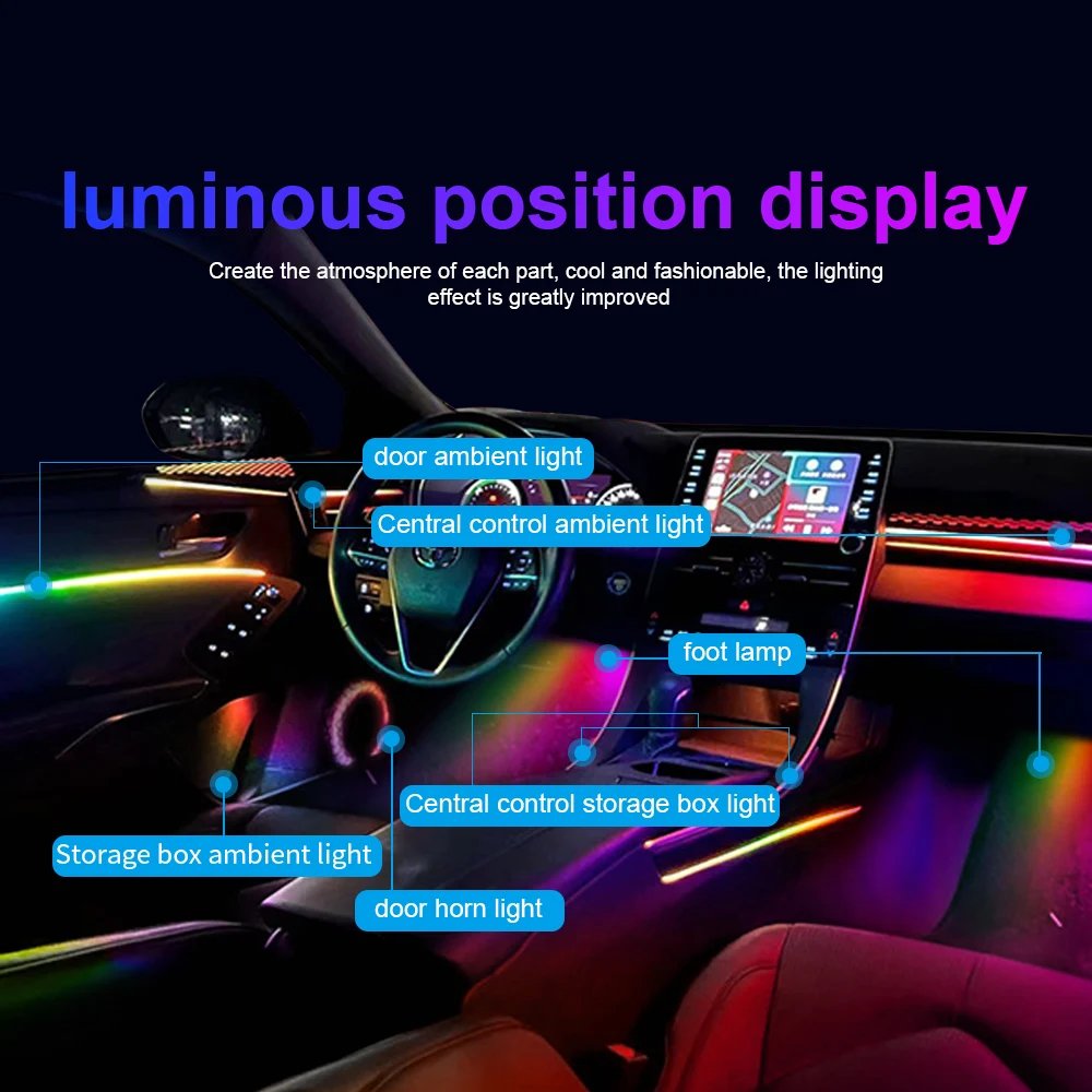 18 in 1 64 Color RGB Symphony Car Ambient Light Interior Acrylic Guide LED Strip Light Decoration Atmosphere Lamp by APP Control
