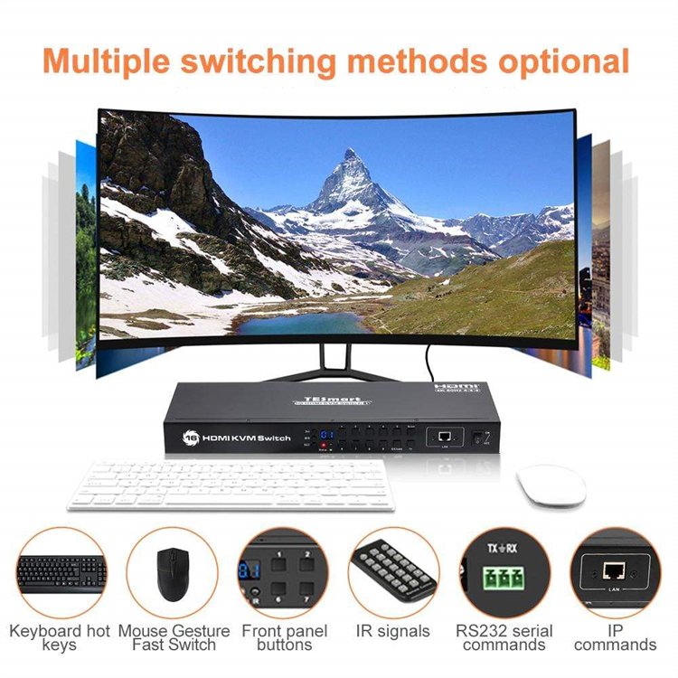 TESmart KVM HDMI Switch 16X1 USB 2.0 Hub Rackmount Scan Keyboard HotKeys RS232 EDID 4K60hz Video Switcher