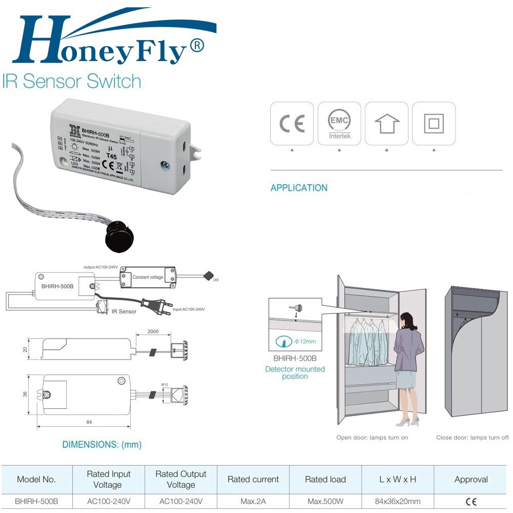 HoneyFly IR Sensor Switch BHIRH-500B Cabinet Light Switch Used Inside Cabinet (Open Door, Light On/Close Door, Light Off)