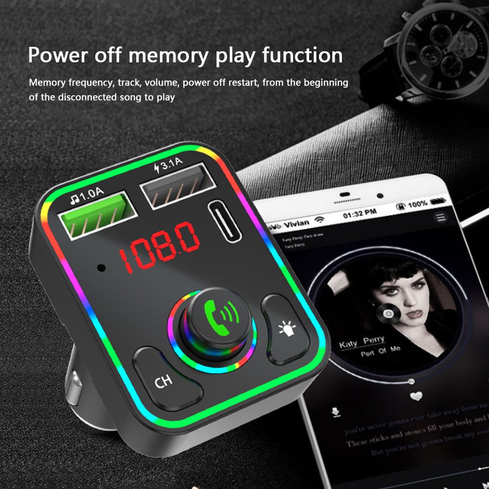 2024 New Dropshipping F3 Car BT FM Transmitter Colorful LED Backlight Hands Free Car Kit Charger TF Card MP3 Player USB C PD
