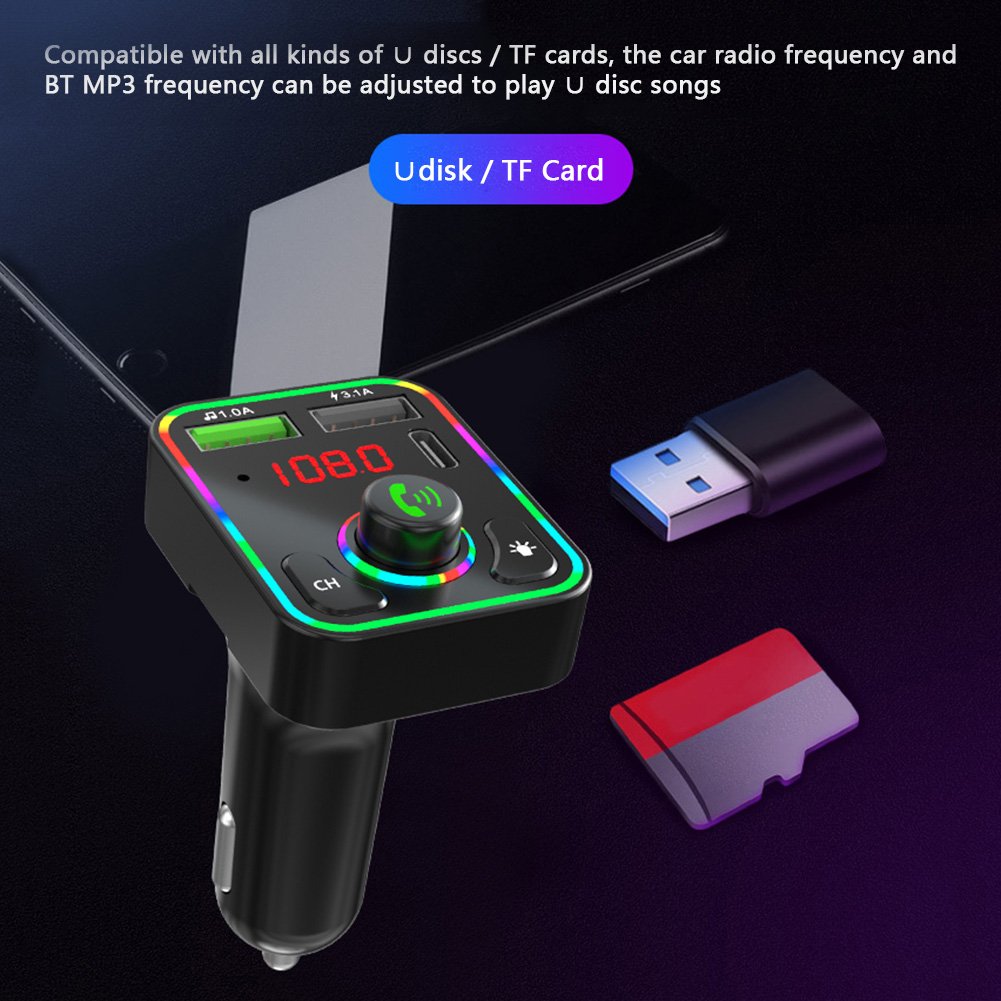 2024 New Dropshipping F3 Car BT FM Transmitter Colorful LED Backlight Hands Free Car Kit Charger TF Card MP3 Player USB C PD