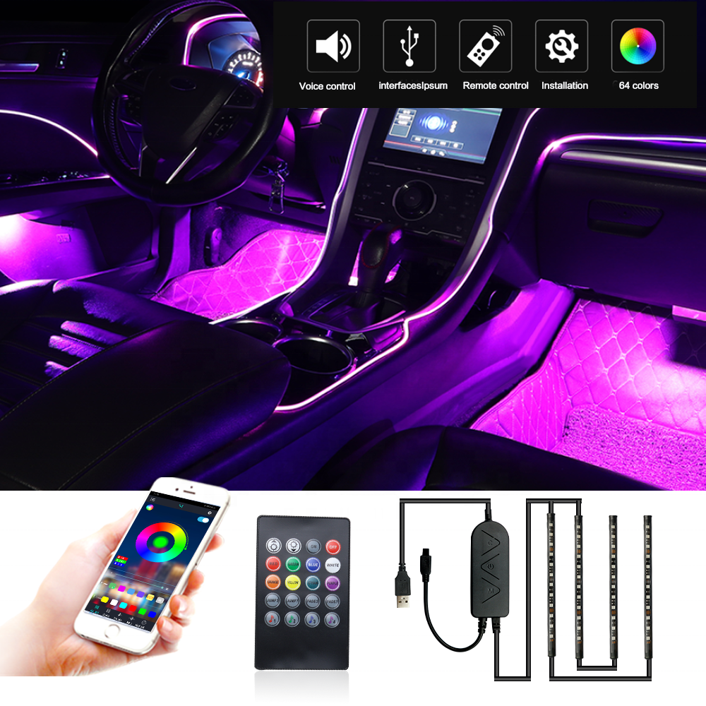 LED Car Lights 5V USB 4pcs 48 LED Remote and APP Controller Lighting Kits, Sync to Music Car Interior Ambient Lights,