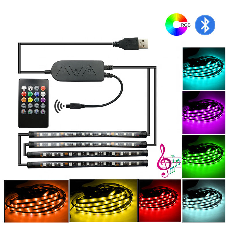 LED Car Lights 5V USB 4pcs 48 LED Remote and APP Controller Lighting Kits, Sync to Music Car Interior Ambient Lights,