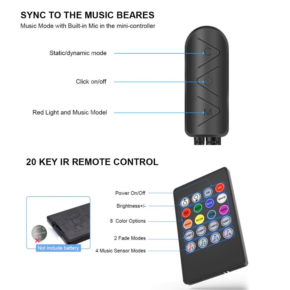 LED Car Lights 5V USB 4pcs 48 LED Remote and APP Controller Lighting Kits, Sync to Music Car Interior Ambient Lights,