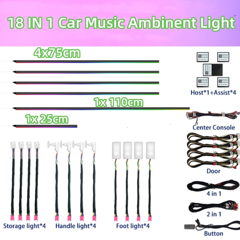 Multicolor Music RGB Chase Interior Light Strip 18 IN1 Dual Zone Symphony Ambient Lighting Car Led Atmosphere Lights