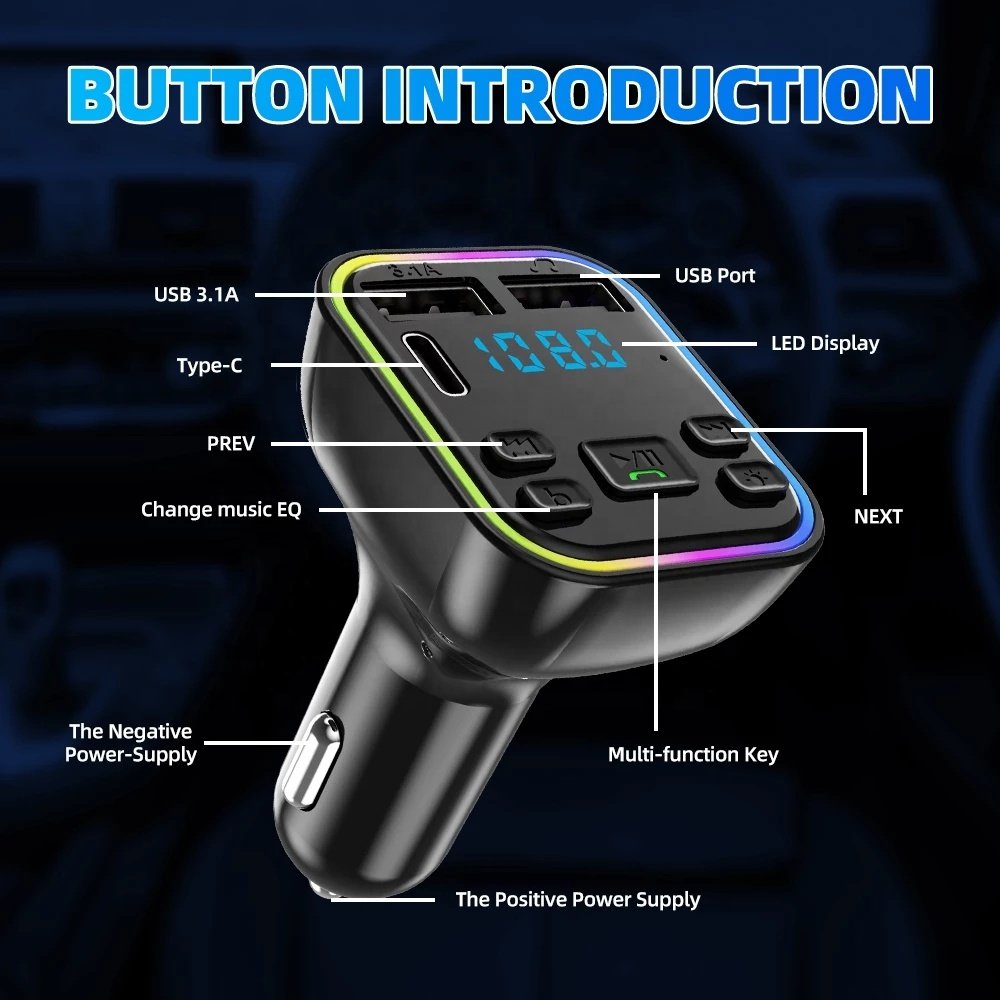 Colorful Light Type c Usb Radio Music Player bluetooth Fm Transmitter for Car Mp3 Player Fm Transmitter bluetooth Car Kit