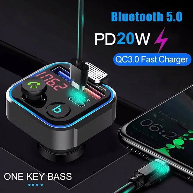 Car FM Transmitter Wireless BT5.0 Handsfree Car Kit Audio MP3 Player With Type-C PD 20W+ QC3.0 Fast USB FM Modulator